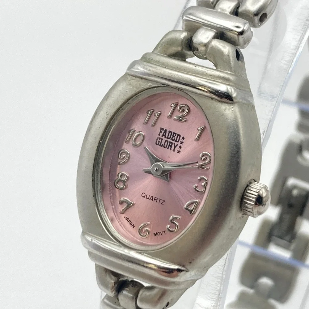 Vintage Faded Glory Women's Watch Matte Silver Tone Pink Oval New Battery 6.5